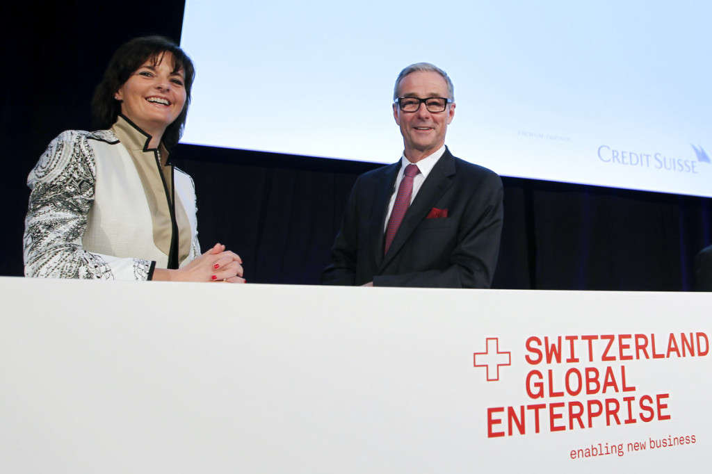 Verwaltungsratspraesidentin von Switzerland Global Enterprise Ruth Metzler-Arnold und Daniel Kueng, CEO Osec, am Aussenwirtschaftsforum